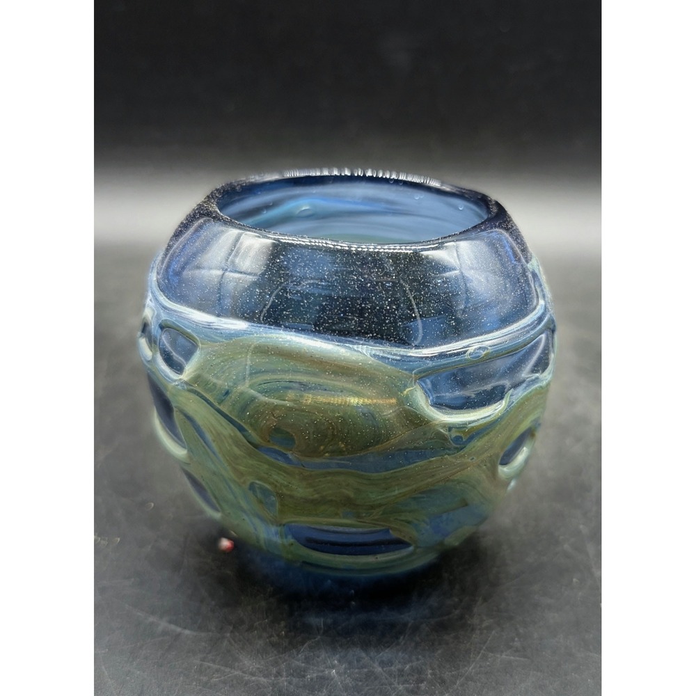 Harkness Signed Handblown Art Glass Bowl Blue Green Swirl Webbed Studio Glass 5"